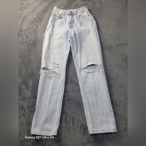 ZARA High Rise Straight Leg Rigid Denim Jeans Light Wash Ripped Knees Size 0